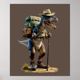 Trex med hatt med ryggsäck och promenadkäpp poster