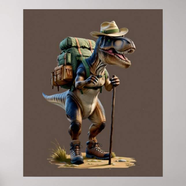 Trex med hatt med ryggsäck och promenadkäpp poster (Framsidan)