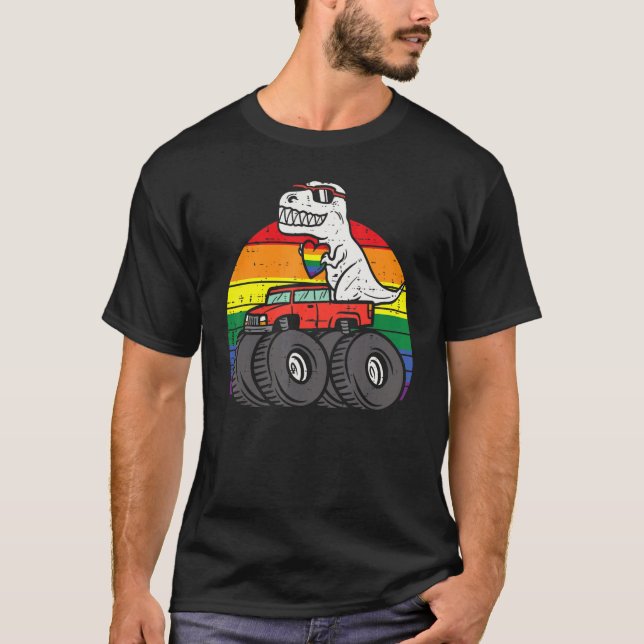 Trex Monster Lastbil Rainbow Gay Sunset Retro Lgbt T Shirt (Framsida)
