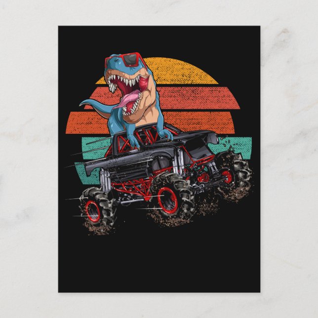 Trex Monster Truck Pojkar Dirt Race Retro Dinosaur Vykort (Framsida)