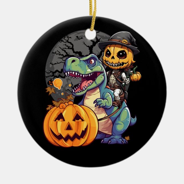 Trex Pumpkin Dinosaur Halloween Kids Mummy Zombie Julgransprydnad Keramik (Framsidan)