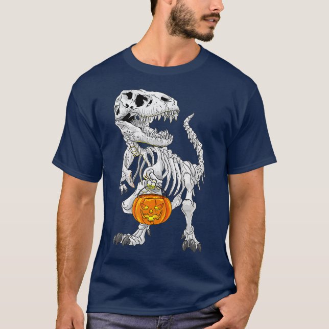 TRex skeleton Halloween costume Dinosaur Pumpkin T Shirt (Framsida)