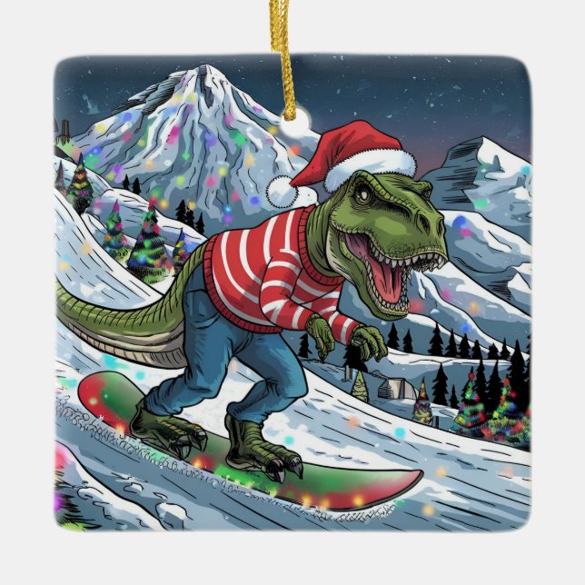 TRex-snowboard på färg i bergspsykidelic Julgransprydnad Keramik (Framsida)