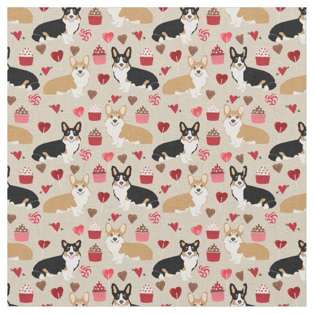 Tri and Red Corgi Valentiness Fabric Tyg (Närbild)