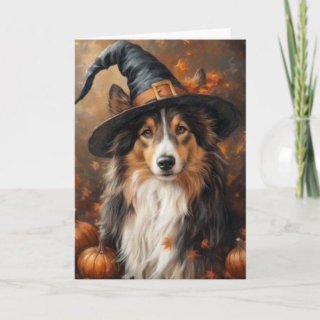 Tri-Color Sheltie Häxa Halloween Helgkort (Framsida)