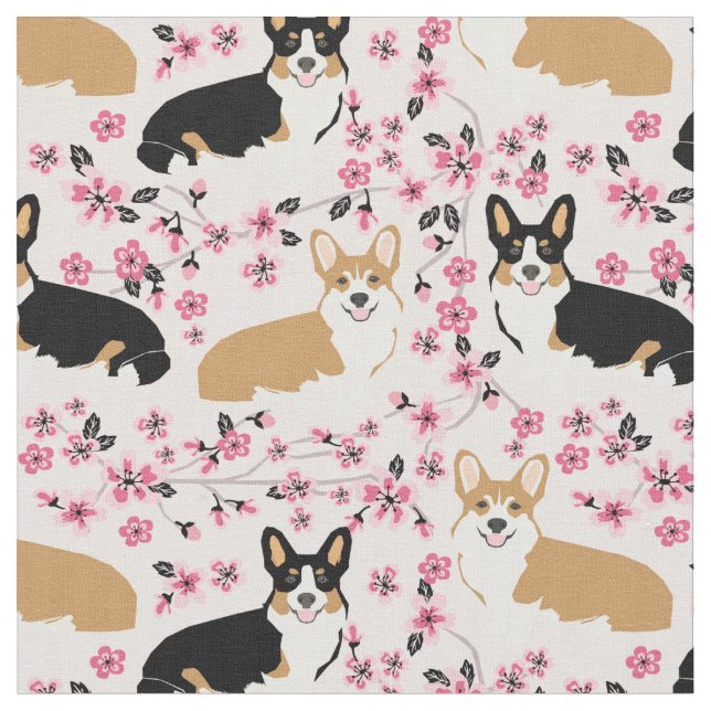 Tri corgi hundar cherry blommar rosa tyg (Närbild)