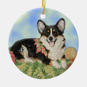 Tri-Corgi i nedgånglövverk - Corgiprydnad Julgransprydnad Keramik