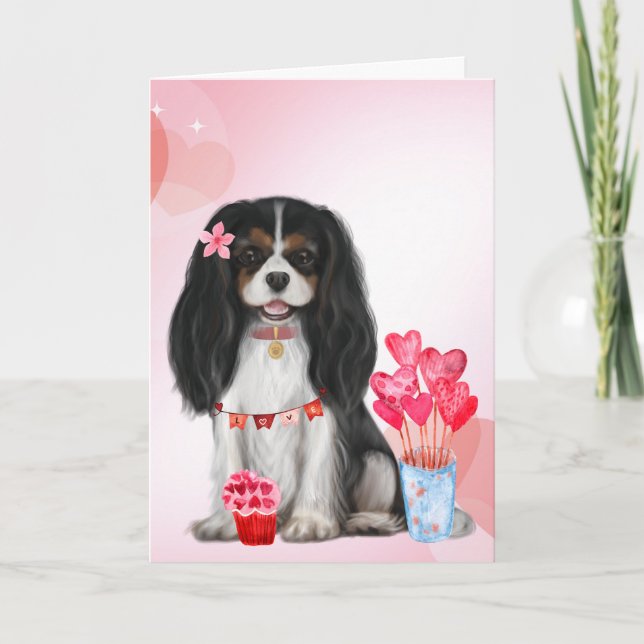 Tri Färg Cavalier Kung Charles Spain Valentine Kort (Framsida)