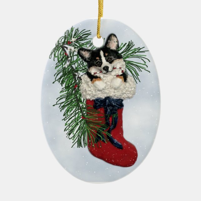 Tri-Färg Corgi i julklapp Ornament (Framsidan)