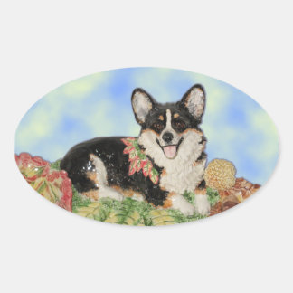 Tri-färg Corgi in Fall Foliage Stickers Ovalt Klistermärke