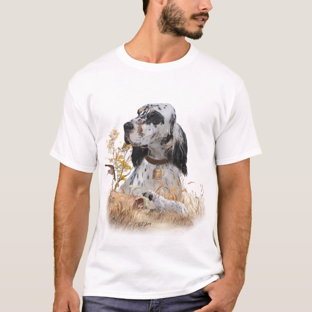 Tri Färg English Setter Art, woodcock Hunting T Shirt (Framsida)