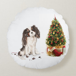 Tri-Färg Kung Charles Spaniel Funny jul Hund Rund Kudde