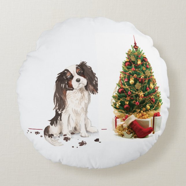 Tri-Färg Kung Charles Spaniel Funny jul Hund Rund Kudde (Framsidan)