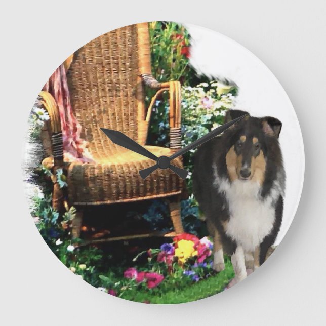 Tri Färg Rough Collie Art Gifts Stor Klocka (Framsida)