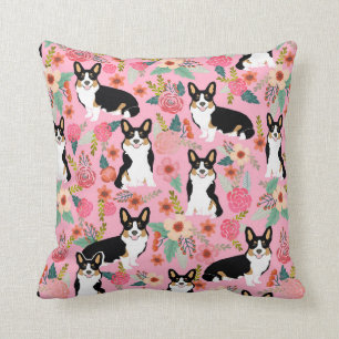 Tri Färgad Corgi-Blommigt-kudde Kudde