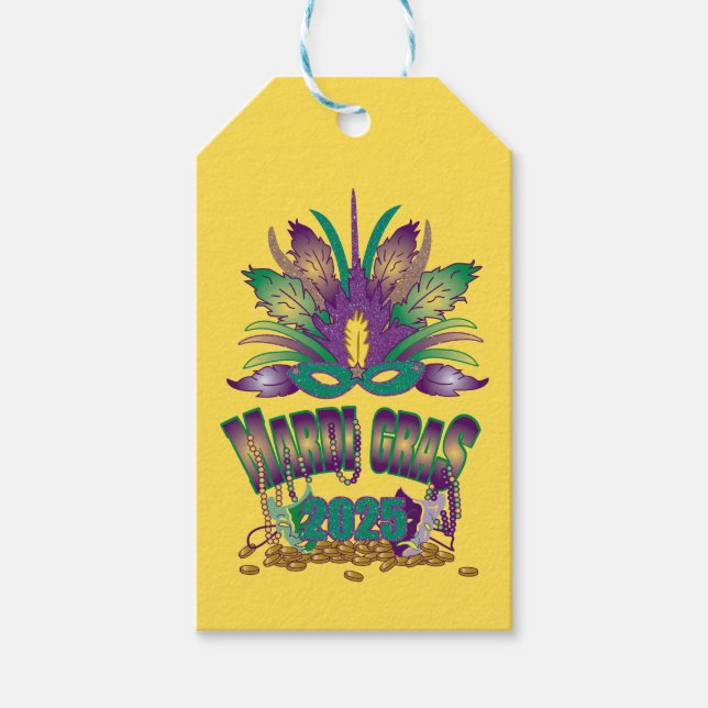 Tri-fjäther Mardi Gras Mask Märkre - 2025 Presentetikett (Framsidan)