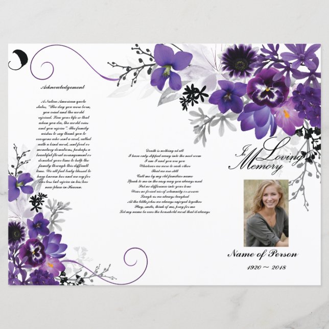 Tri-Fold Funeral Program - Violet Grått Blommigt (Framsida)