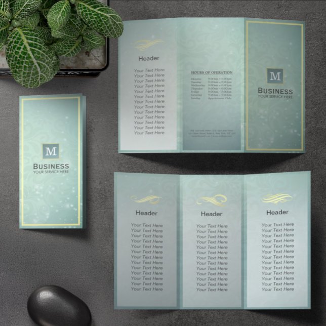 Tri-Fold Guld Blue Monogram Modern Salon Brochures (Skapare uppladdad)