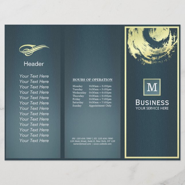Tri-Fold Guld Blue Monogram Yoga Massage Brochures (Framsida)