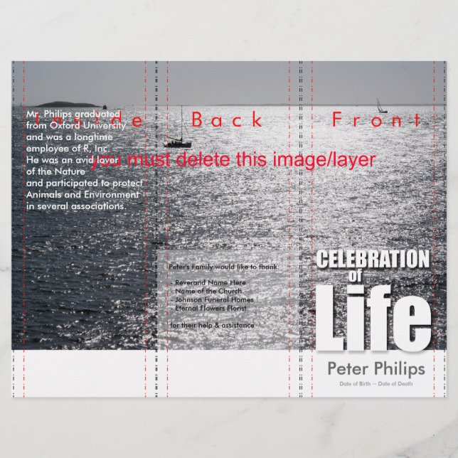 Tri-Fold Sjö Anpassat Minnesstund Program Flyer (Framsida)