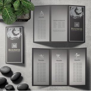 Tri-Fold Yoga Studio Brochure Black & Silver ZEN Reklamblad
