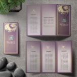 Tri-Fold Yoga Studio Brochure Lila Guld ZEN Sign Reklamblad<br><div class="desc">Elegant Yoga och Massage Therapy Studio Tri-Fold Brochures Template - Elegant Faux Gold Foil Brushstrokes ZEN Symbol on Magenta Lila Background. Perfekt för YOGA Meditation-instruktor/massageterapi Enkel att anpassa med din egen text och bilder - gör den till din.</div>