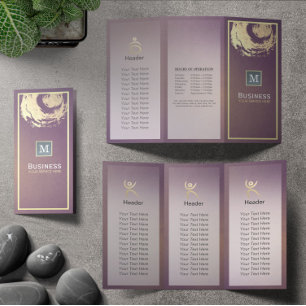 Tri-Fold Yoga Studio Brochure Lila Guld ZEN Sign Reklamblad