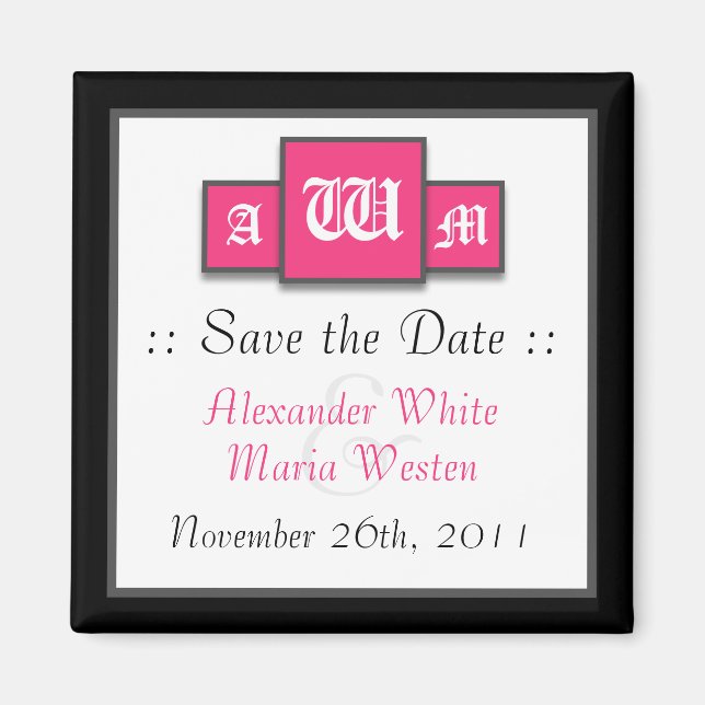 Tri-Monogram Fuchsia Modern Spara datum magneter (Framsidan)