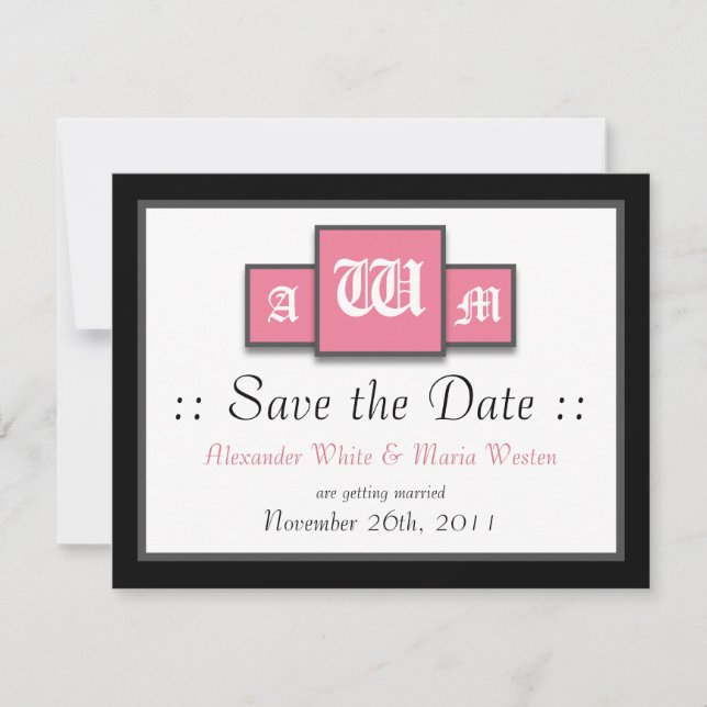 Tri-Monogram Rosa Moderna Bröllop Spara Datum Inbjudningar (Framsida)