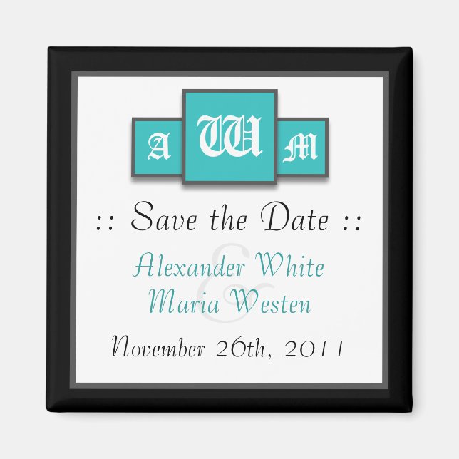 Tri-Monogram Teal Modern Spara datum magneter (Framsidan)