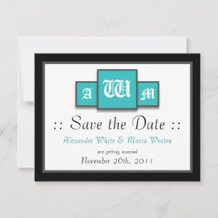 Tri-Monogram Teal Moderna Bröllop Spara Datumen Inbjudningar
