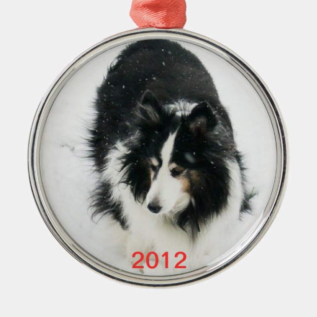 Tri Sheltie i snömall Julgransprydnad Metall (Framsidan)
