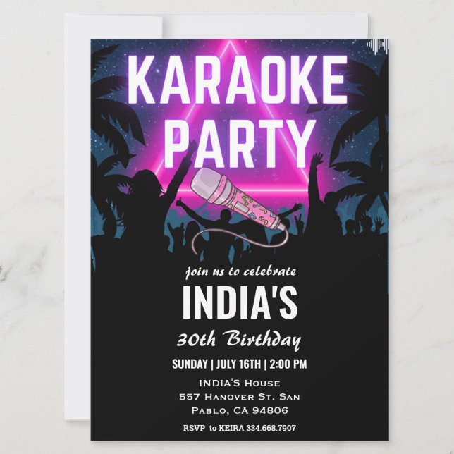 Triangel Neon Karaoke Party Black Birthday Inbjudningar (Framsida)
