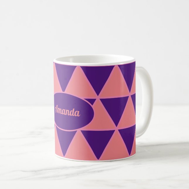 Triangelgrafik lila rosa mönster med namn kaffemugg (Framsida höger)