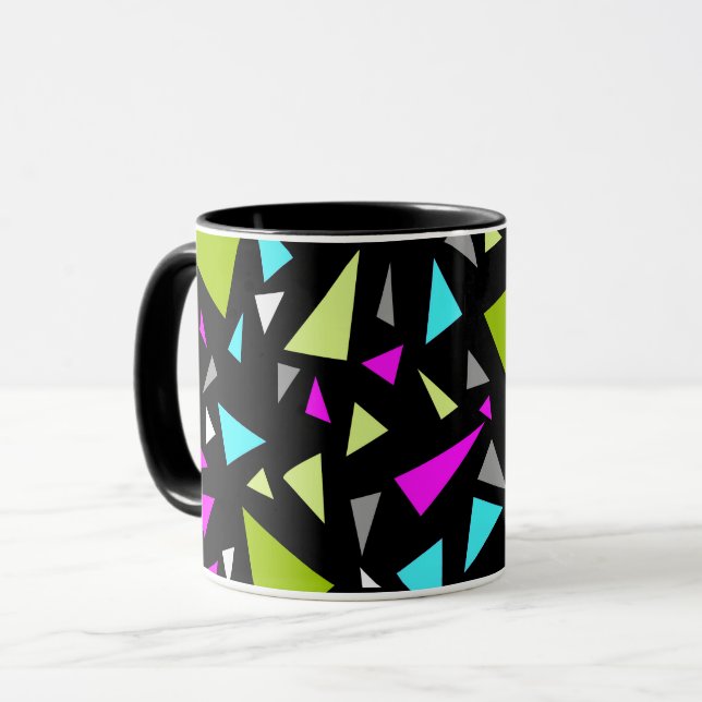 Trianglar gröna karmosinröda färger på svart bakgr mugg (Framsida vänster)