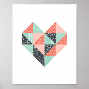 Triangle Heart Mint Coral and Black Poster