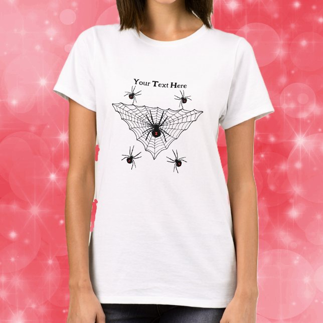 Triangle shaped Spider Web With Black Widow Spider T Shirt (Poisonous black widow spiders in triangle shaped black web on womans tee shirt.)
