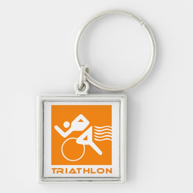 Triathlonorange och vit fyrkantig silverfärgad nyckelring (Framsidan)
