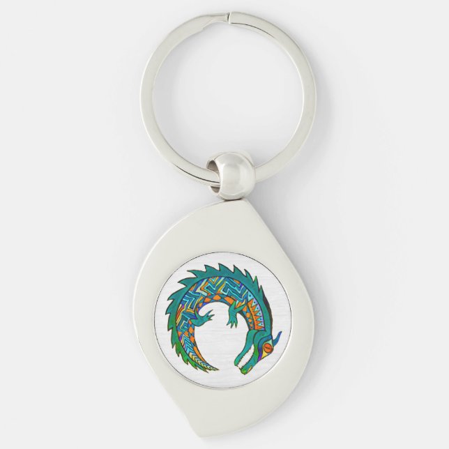 Tribal Alligator Art Swirl Silverfärgad Nyckelring (Framsidan)