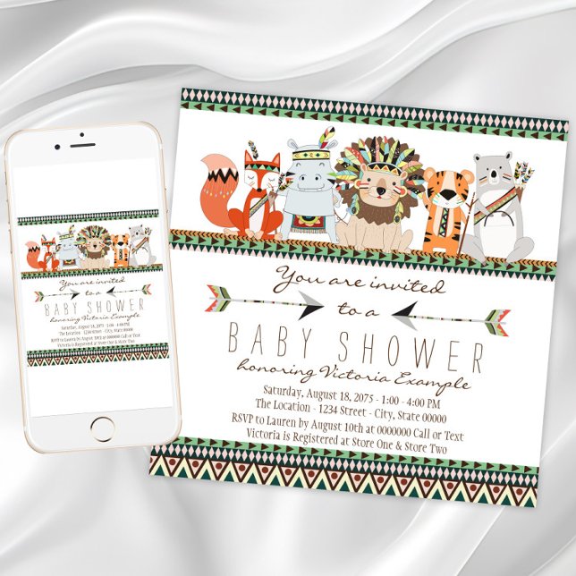Tribal Animal Native Indian Baby Shower Inbjudningar (Adorable tribal baby shower invitation. Instant download and printed invitations available.)