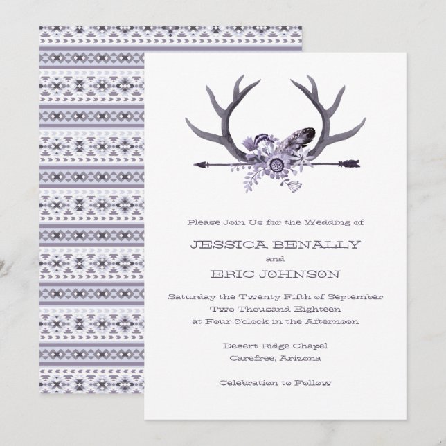Tribal Arrow och Antlers Lila Inbjudningar (Fram/baksida)