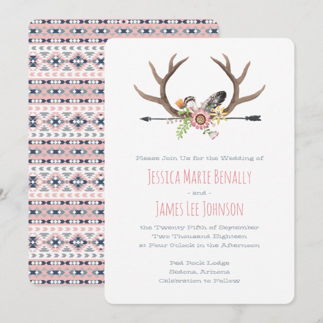 Tribal Arrow och Antlers Rosa Inbjudningar (Fram/baksida)