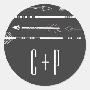 Tribal Arrows Bröllop Monogram Sticker GRÅTT Runt Klistermärke