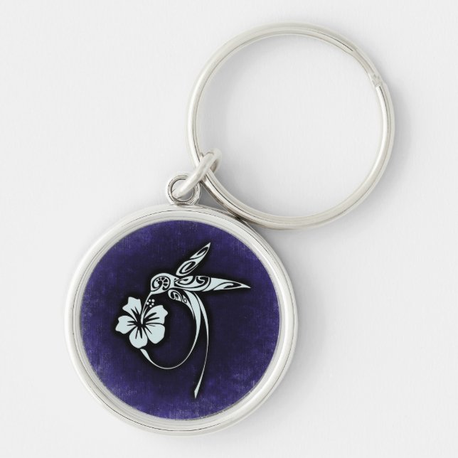 Tribal Art Bird Motif Blue Rund Silverfärgad Nyckelring (Framsidan)