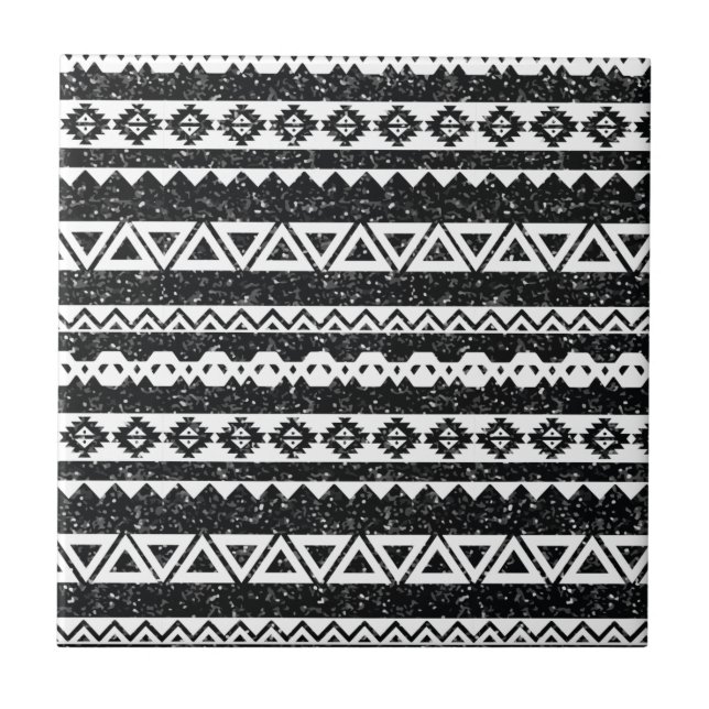 Tribal aztec Black Glitter White Geometric Shapes Kakelplatta (Framsidan)