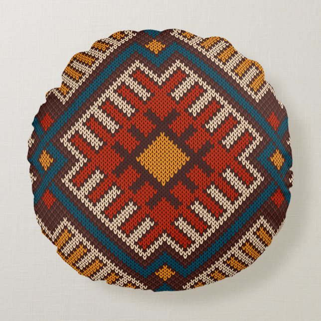 Tribal Aztec, sömlös mönster på ull av trikå  Rund Kudde (Framsidan)
