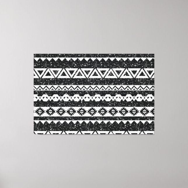 Tribal Aztec Svart Glitter Vitt Geometriska Former Canvastryck (Framsida)