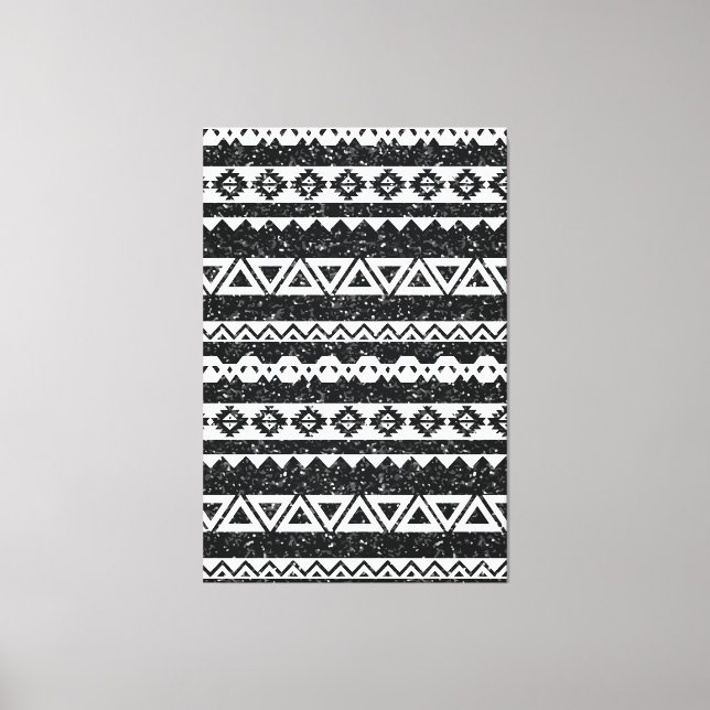 Tribal Aztec Svart Glitter Vitt Geometriska Former Canvastryck (Framsida)