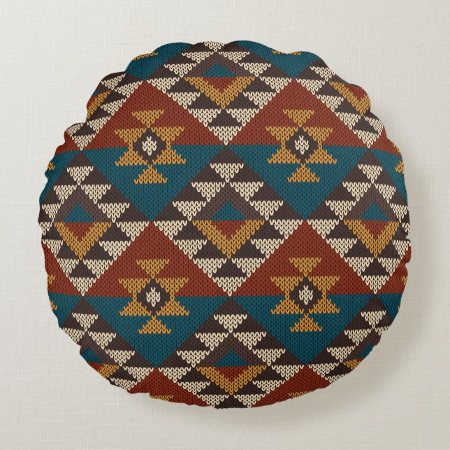 Tribal Aztec Wool Knissions Struktur. Rund Kudde (Framsidan)