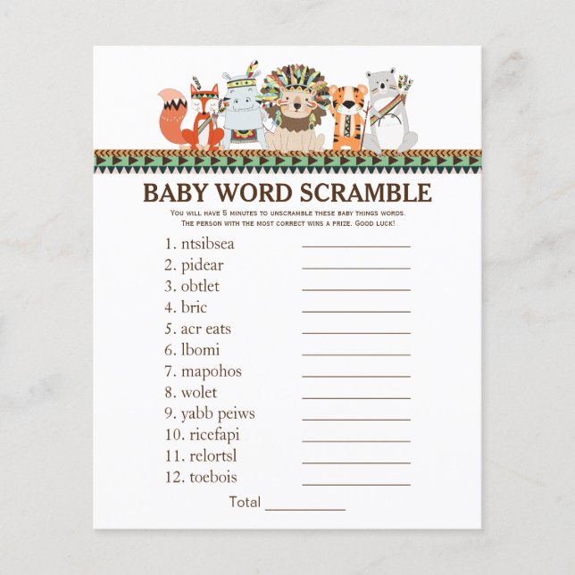 Tribal Baby Shower Games Ord Scramble Rhyme Quiz (Framsida)